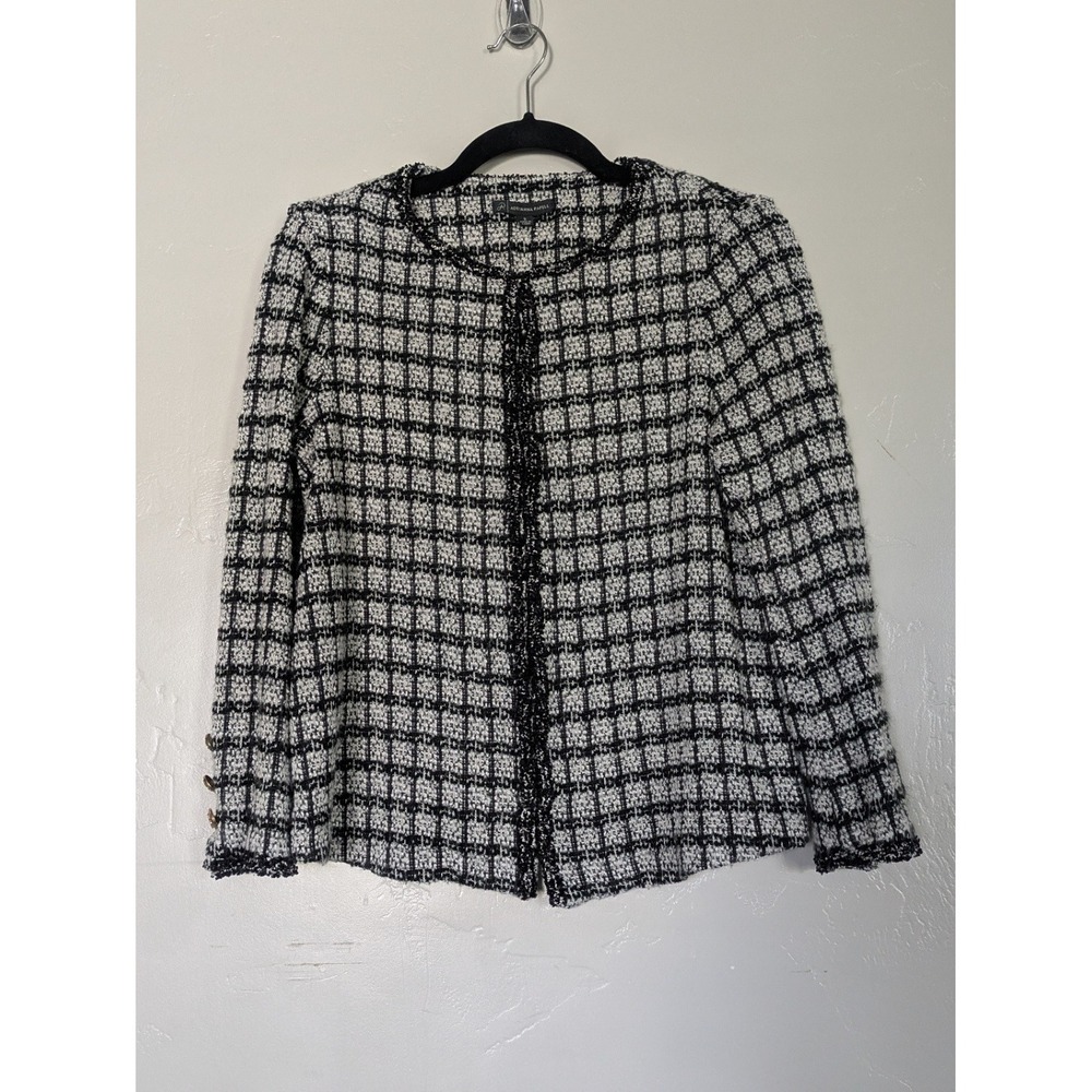 Adrianna Papell Black White Plaid Boucle Jacket Hook‎ Closure Long Sleeve Size S - Picture 6 of 12